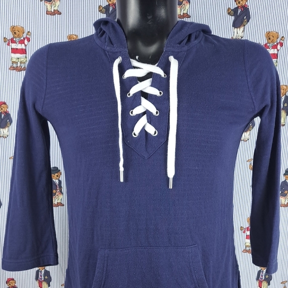 Nautica Women's lattice front 3/4 sleeve hooded navy & white SM casual t-shirt - Picture 1 of 8